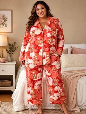 Vintage BedHead Pajama Set XL Pink Floral Cotton Lounge Sleepwear
